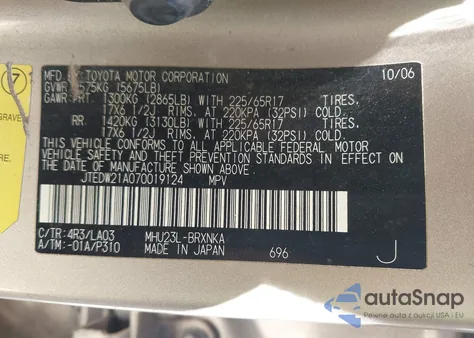 2007 Toyota Highlander Hybrid Limited V6 из США, поврежденный, VIN JTEDW21A070019124